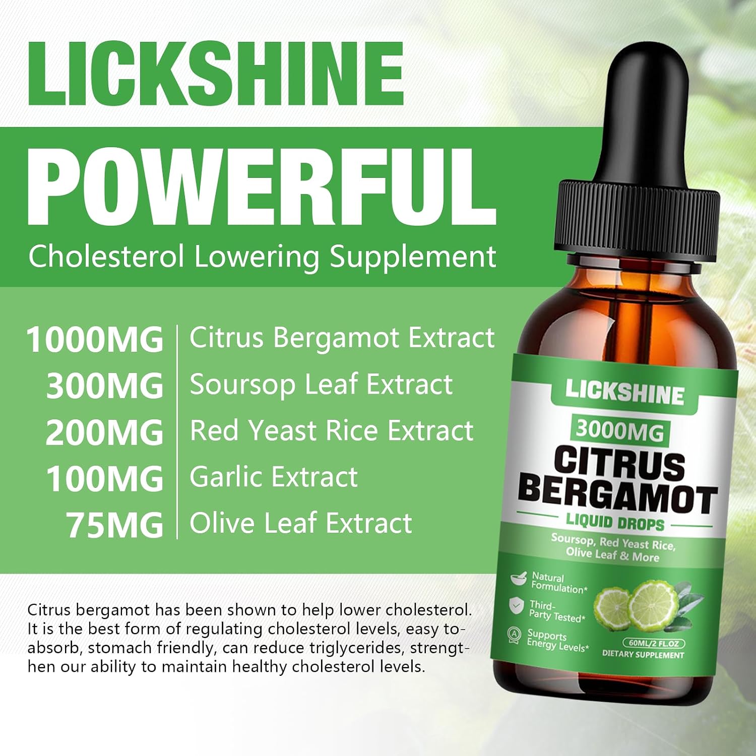lickshine Citrus Bergamot Liquid Drops 3000mg - 2 Pack - Fast-Absorbing Liquid Supplement for Cholesterol & Immune Support, 120 mL Each - görsel 3