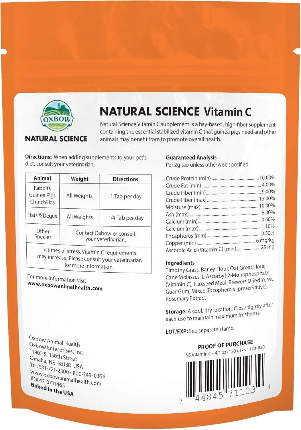 Oxbow Natural Science Vitamin C Supplement for Guinea Pigs, Rabbits & Chinchillas - 4.2 oz (6 Pack) - görsel 2