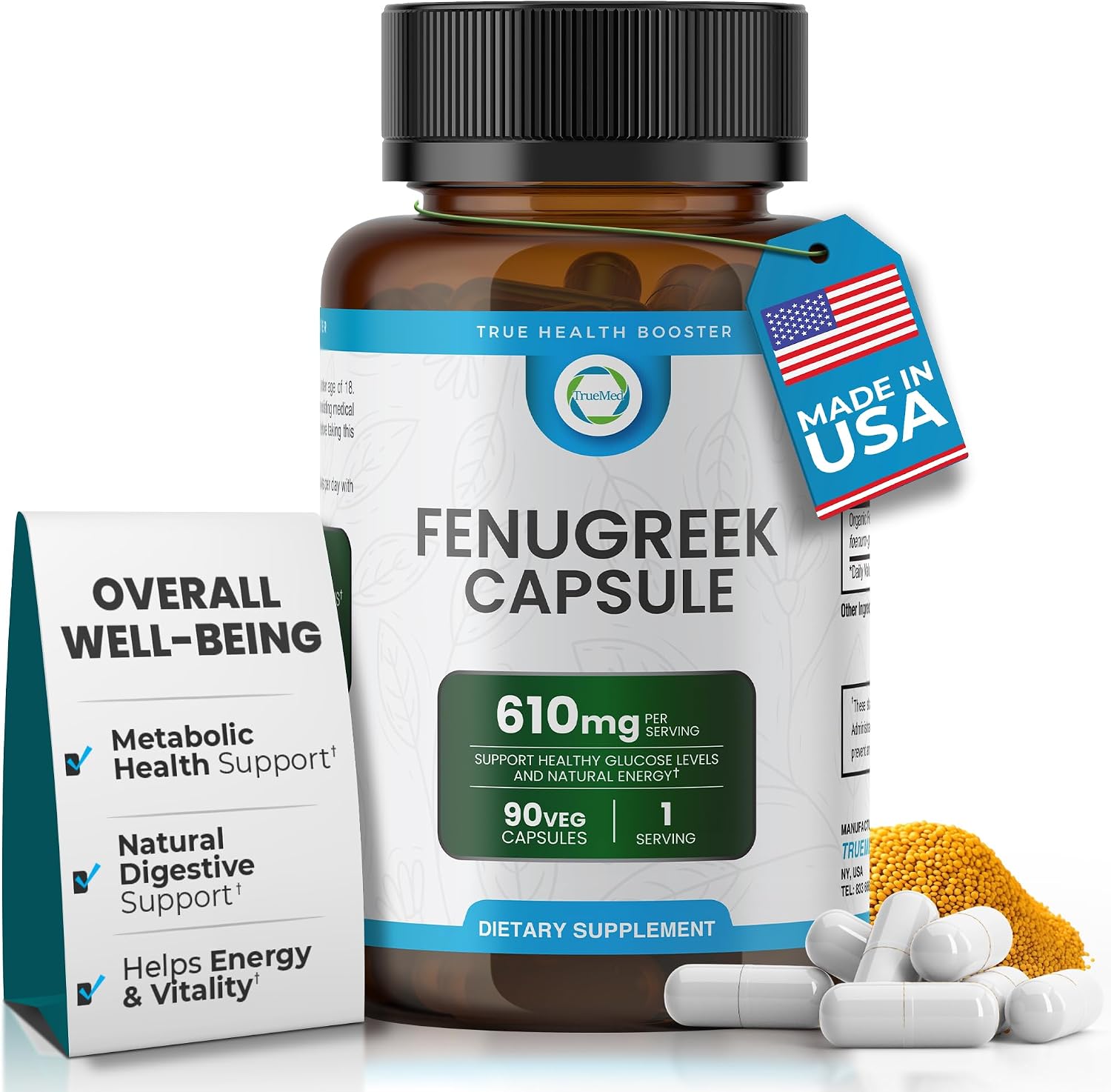 TRUEMED Organic Fenugreek Capsules 610 mg – Digestive Comfort, Natural Energy & Wellbeing Support (90 Capsules) - görsel 1