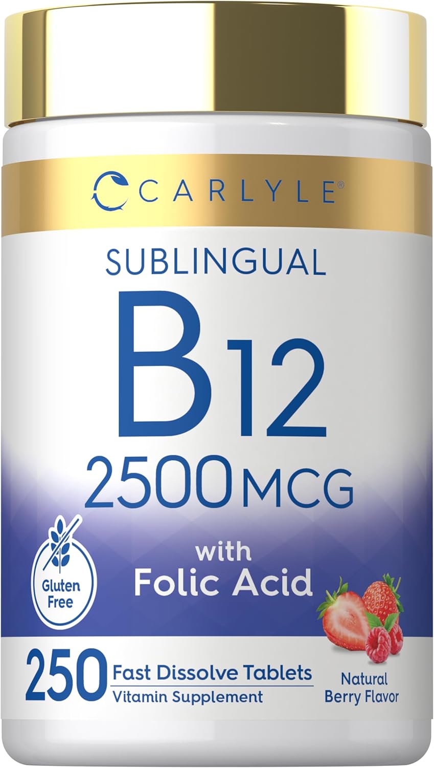 Carlyle Vitamin B12 Sublingual 2500 mcg - 250 Fast Dissolve Tablets - Cyanocobalamin with Folic Acid, Natural Berry Flavour - görsel 1