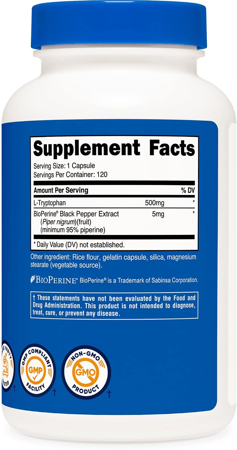 Nutricost L-Tryptophan 500mg, 240 Capsules (2 Bottles of 120) - görsel 5