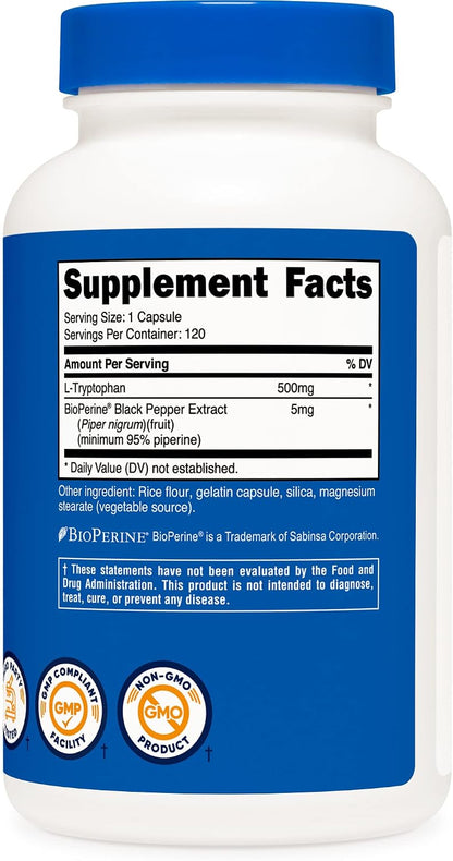 Nutricost L-Tryptophan 500mg, 240 Capsules (2 Bottles of 120)