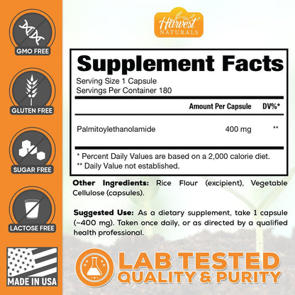 Harvest Naturals Palmitoylethanolamide (PEA) Capsules – 400mg per Serving, 180 Capsules