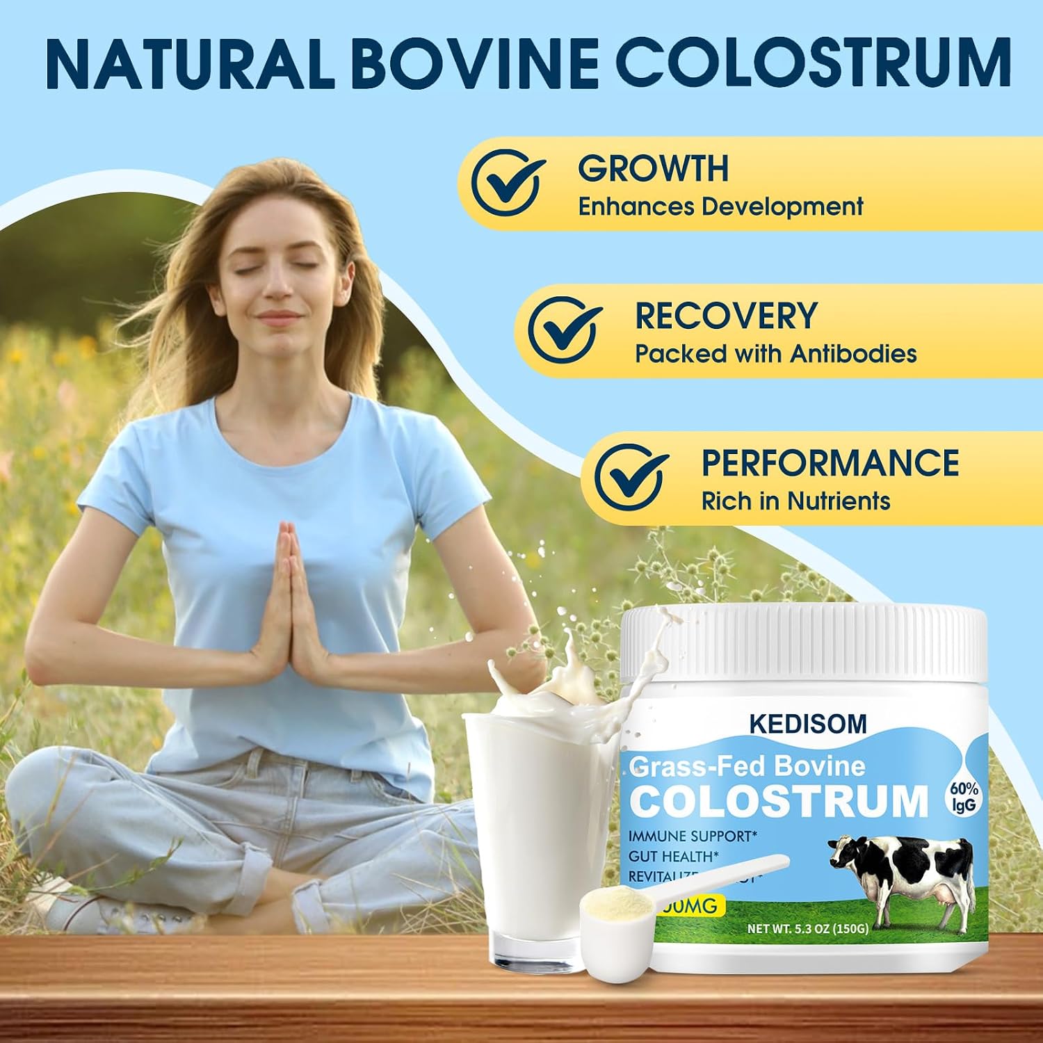 KEDISOM Grass-Fed Bovine Colostrum Powder – Liposomal, High IgG 3000 mg, Gut Health & Immune Support, Unflavoured, 50 Servings - görsel 7