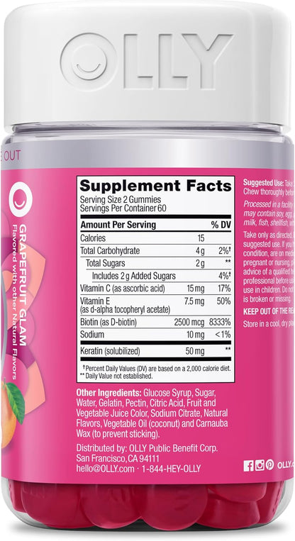 OLLY Undeniable Beauty Hair Skin and Nails Gummies with Biotin 2500mcg, Keratin & Vitamin C - Grapefruit - 120 Count