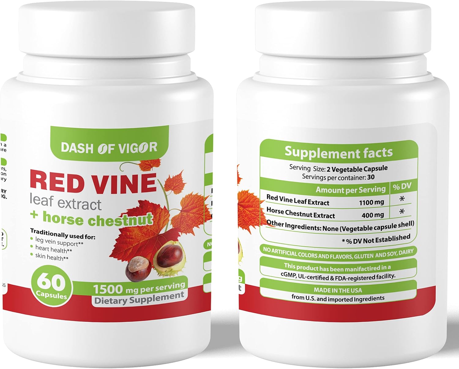 Dash of Vigour Red Vine Leaf Extract (Vitis vinifera) and Horse Chestnut Seed Extract, 1500 mg, 60 Capsules - görsel 2