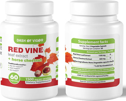 Dash of Vigour Red Vine Leaf Extract (Vitis vinifera) and Horse Chestnut Seed Extract, 1500 mg, 60 Capsules