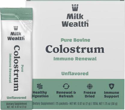 Milk Wealth™ Freeze-Dried Bovine Colostrum Powder – Immune & Gut Health Support, Grass-Fed, Unflavoured (25 Single-Serve Packets)