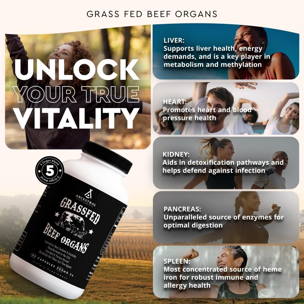 Ancestral Supplements Grass Fed Beef Organ Supplement – Whole Body Wellbeing Blend, 180 Capsules - görsel 2