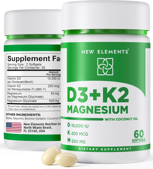 New Elements Vitamin D3 K2 10,000 IU with – Bone Support: Vitamin D3 boosts calcium absorption, while K2 directs – Image 1