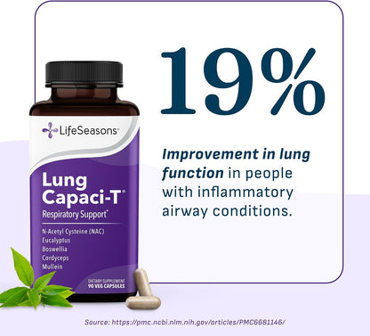 Lung Capaci-T - Respiratory Support Supplement - CoQ10, N-Acetyl Cysteine, Boswellia, Eucalyptus, Mullein, Green Tea, Nettle & Peppermint - Increases Oxygen Capacity & Reduces Mucus - 90 Capsules