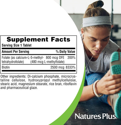 NaturesPlus Biotin & Folate 2500/8000 mcg Sustained Release Tablets, 30 Pack