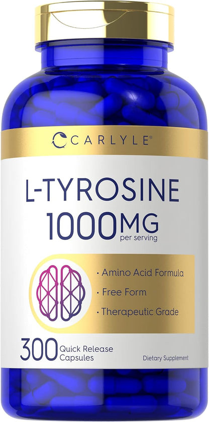 Carlyle L-Tyrosine Capsules 1000mg, 300 Count, Therapeutic Grade, Non-GM & Gluten free