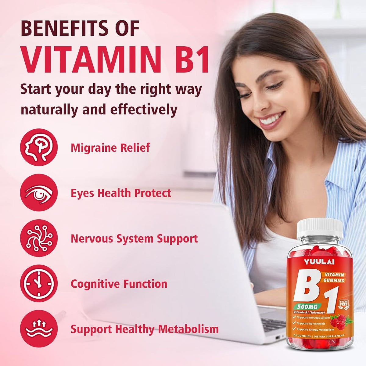 Pack of 2 Vitamin B1 Gummies 500mg for Adults & Kids, Thiamine B1 Supplement with Magnesium, Vitamin B1 Supplement for – Image 3