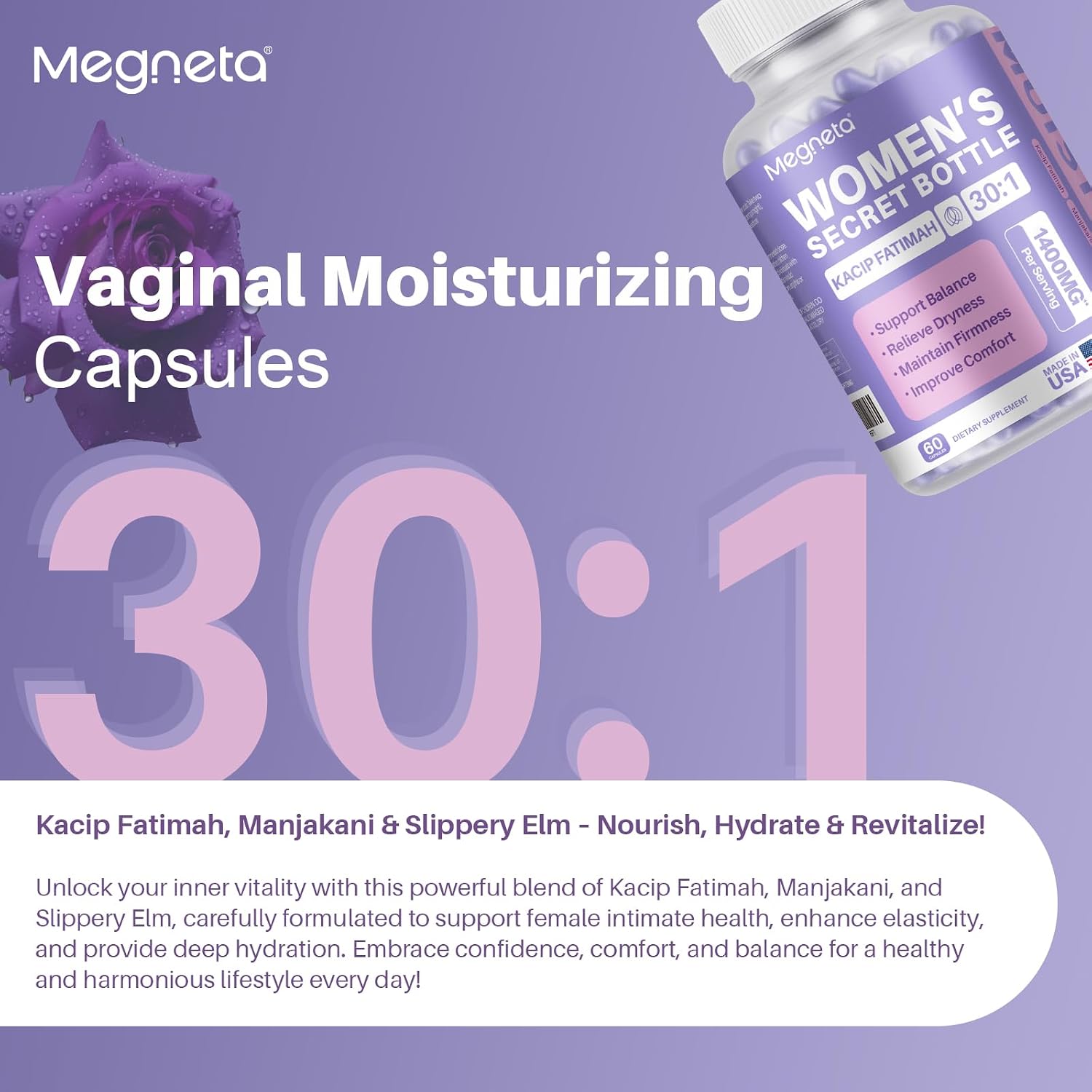 MEGNETA Women's's Wellbeing Herbal Blend – Kacip Fatimah, Fenugreek, Slippery Elm Bark, Manjakani – 60 Capsules - görsel 3