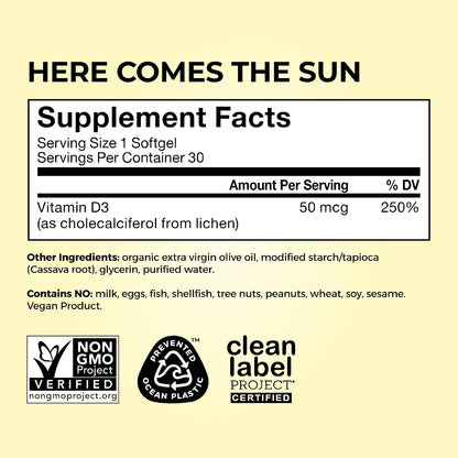 HUM Here Comes The Sun - Vegan Vitamin D3 Immune Support Supplement (2000 IU, 30 Softgels)