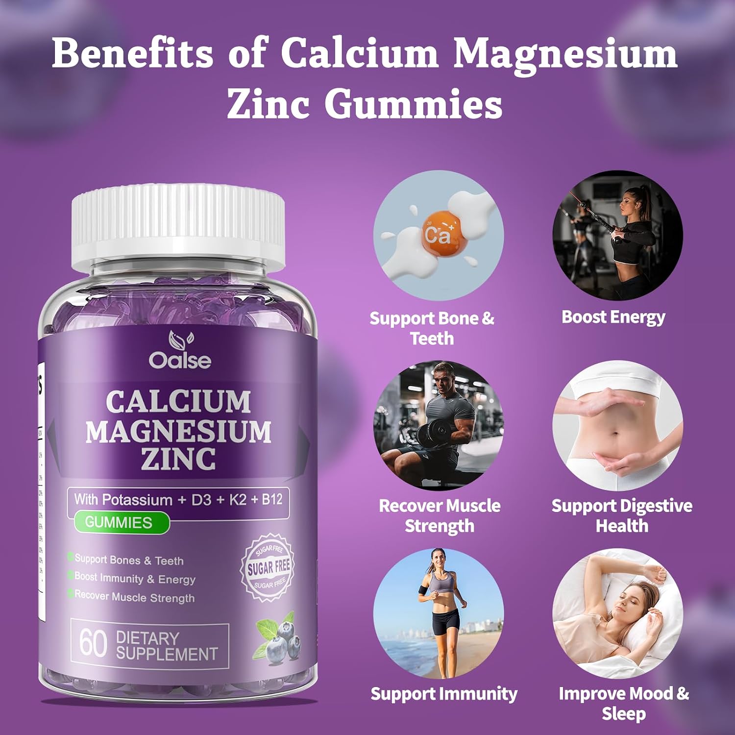 (120 Counts) Calcium Magnesium Zinc Gummies with Vitamin D3 & K2 - High Absorption Magnesium Glycinate - Muscles, Immune & Sleep Support - Sugar-free - Blueberry Flavoured - görsel 5