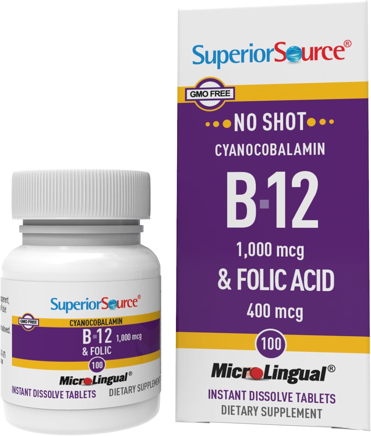 Superior Source Vitamin B-12 & Folic Acid Sublingual Tablets, 1000 mcg Cyanocobalamin + 400 mcg Folic Acid, 100 Count - görsel 1
