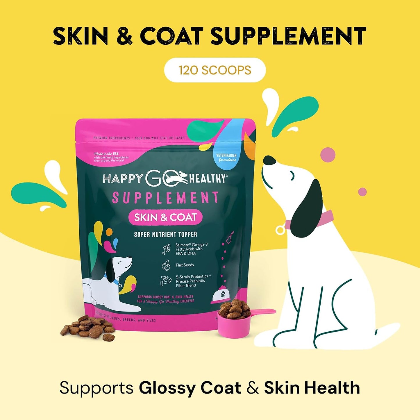 Happy Go Healthy Skin & Coat Supplements for Dogs with Probiotics, Prebiotics & Wild Salmon Omega-3s, All Breeds, 120 Count - görsel 2