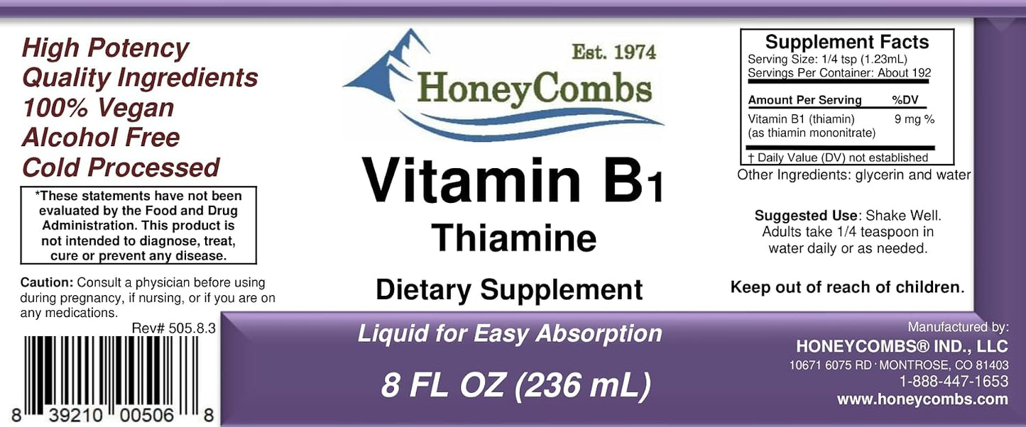 HoneyCombs Vitamin B1 (Thiamine) Liquid Drops - High Potency - Nervous System, Energy & Overall Health - Vegan Liquid B Vitamins (240 mL) - görsel 2