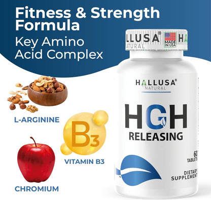 Hallusa Natural HGH Releasing Support Supplement - L-Arginine & Ornithine, Nitric Oxide Support for Muscle Recovery and Performance - 60 Tablets
