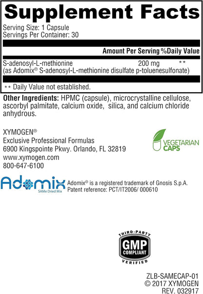 XYMOGEN SAM-e - S-Adenosyl-L-Methionine Supplement for Methylation & Cell Health Support - Gnosis’ Adomix SS Isomer - Nitrogen-Sealed Vegan Capsules - Gluten free & Non-GM - 30 Capsules