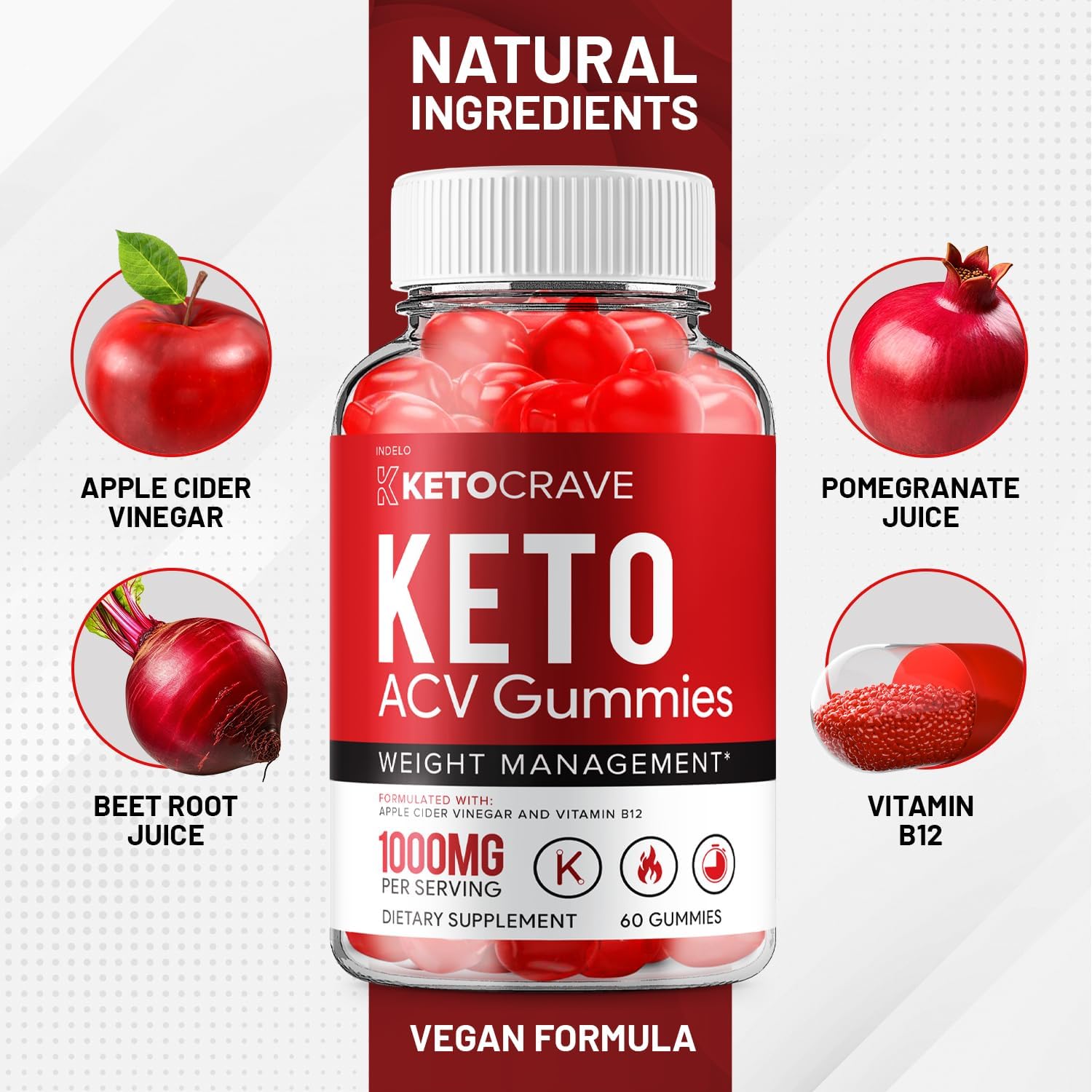 Crave Keto ACV Gummies - Advanced Formula with Apple Cider Vinegar, B12, Beet Juice & Pomegranate (5 Pack, 300 Gummies) - görsel 5