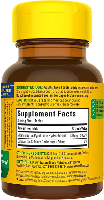 Nature Made Vitamin B6 100 mg Tablets (Pack of 4)