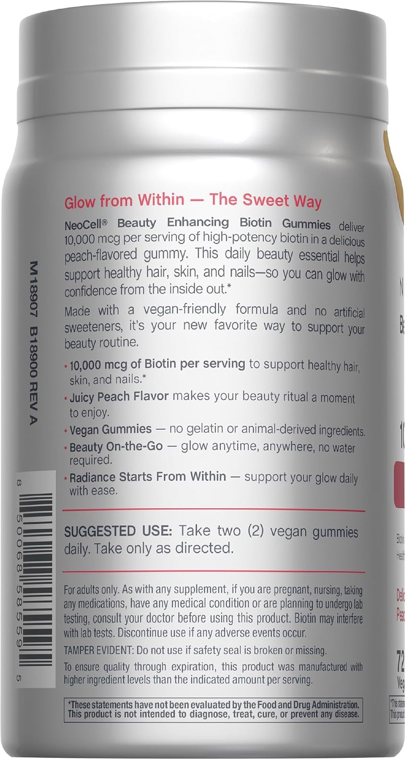 NeoCell Biotin 10,000mcg Gummies - 72 Count - Peach Flavour - Hair, Skin & Nails Supplement – Image 3