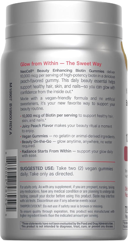 NeoCell Biotin 10,000mcg Gummies - 72 Count - Peach Flavour - Hair, Skin & Nails Supplement – Image 3