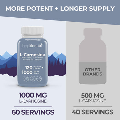 LongLifeNutri L-Carnosine 1000mg – Beta-Alanyl-L-Histidine for Cellular Energy & Brain Clarity, 120 Veg Capsules – Image 3