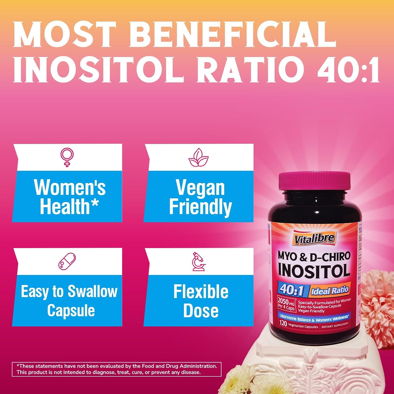 Vitalibre Inositol Supplement - Myo-Inositol & D-Chiro Inositol 40:1 Ratio for Women's's Hormonal Balance, 120 Vegan Capsules - görsel 4