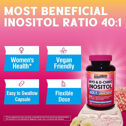 Vitalibre Inositol Supplement - Myo-Inositol & D-Chiro Inositol 40:1 Ratio for Women's's Hormonal Balance, 120 Vegan Capsules
