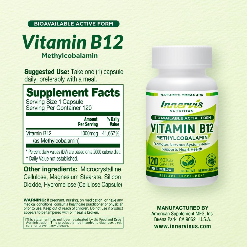 Methyl B12 1000mcg (120 Caps) – High – 120 easy to swallow vegetable capsules – a 4-month supply – Image 2