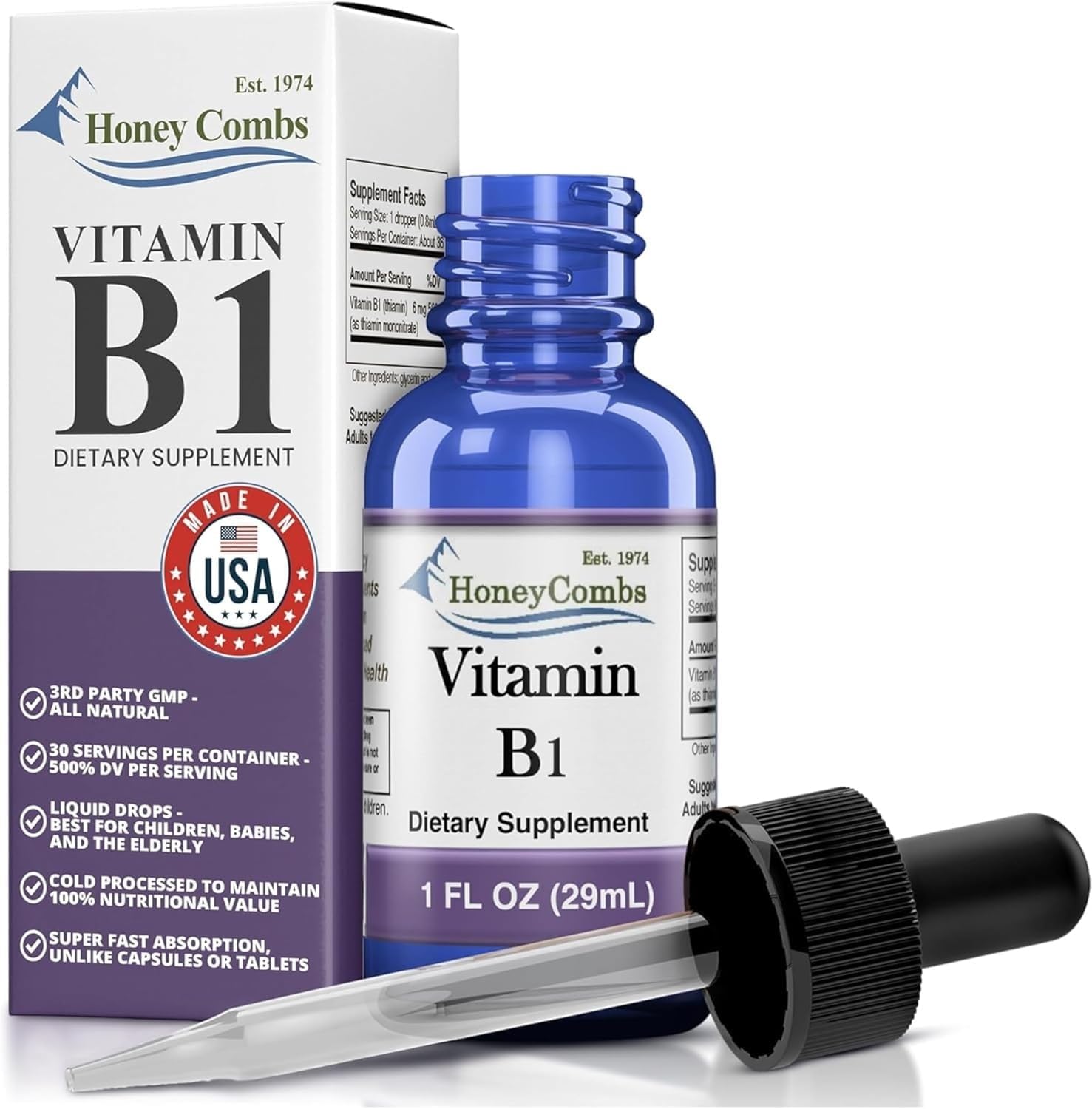 HoneyCombs Vitamin B1 (Thiamine) Liquid Drops - High Potency - Nervous System, Energy & Overall Health - Vegan Liquid B Vitamins (240 mL) - görsel 8