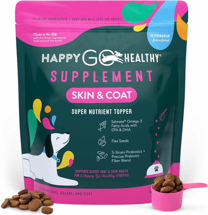 Happy Go Healthy Skin & Coat Supplements for Dogs with Probiotics, Prebiotics & Wild Salmon Omega-3s, All Breeds, 120 Count