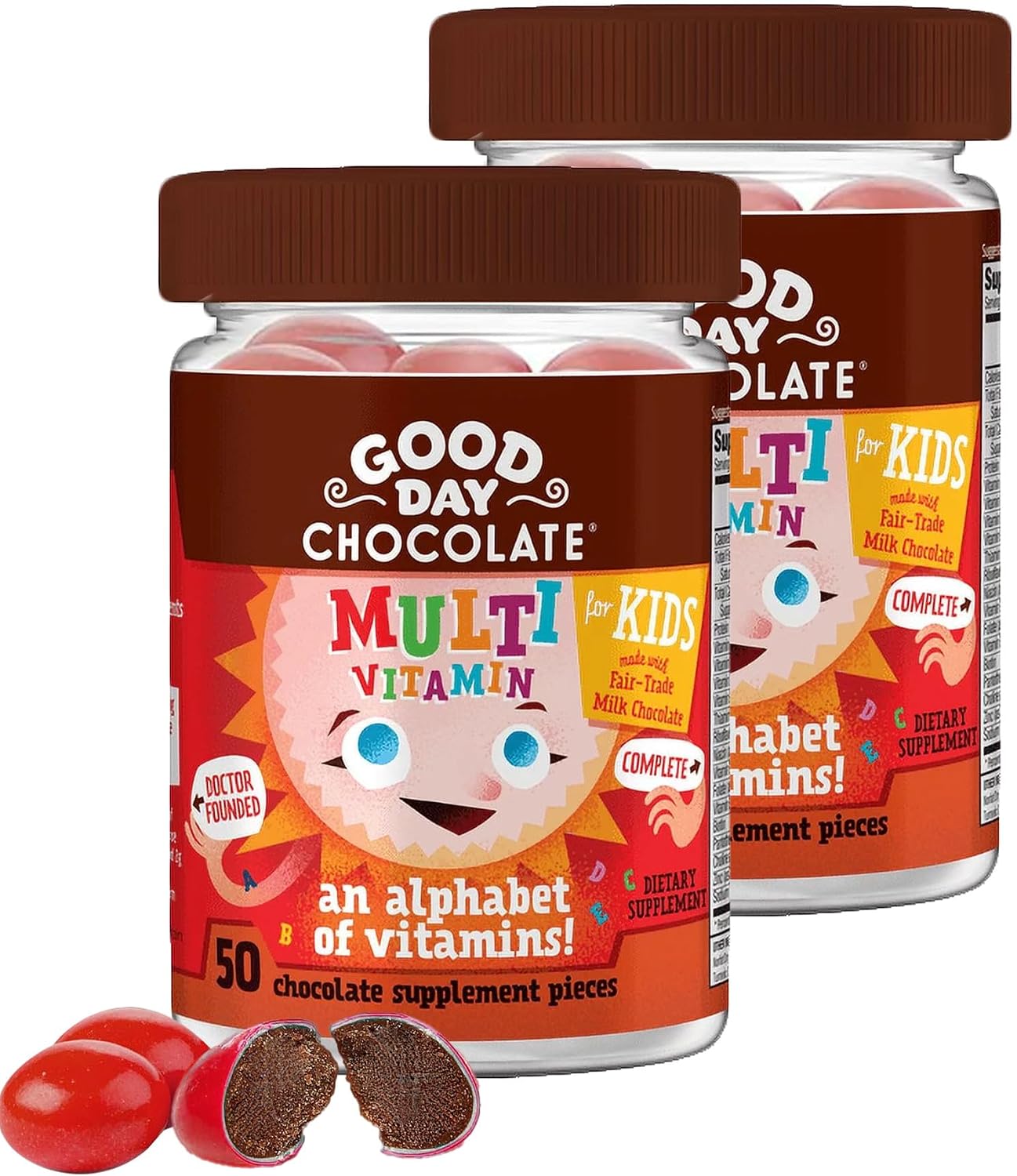 Good Day Chocolate Complete Multivitamin for Kids, Daily Supplement of Vitamins A, B6, B12, C, D, E, Folate and Biotin, Fair Trade and Non-GM Chocolate, 2 Pack - görsel 1