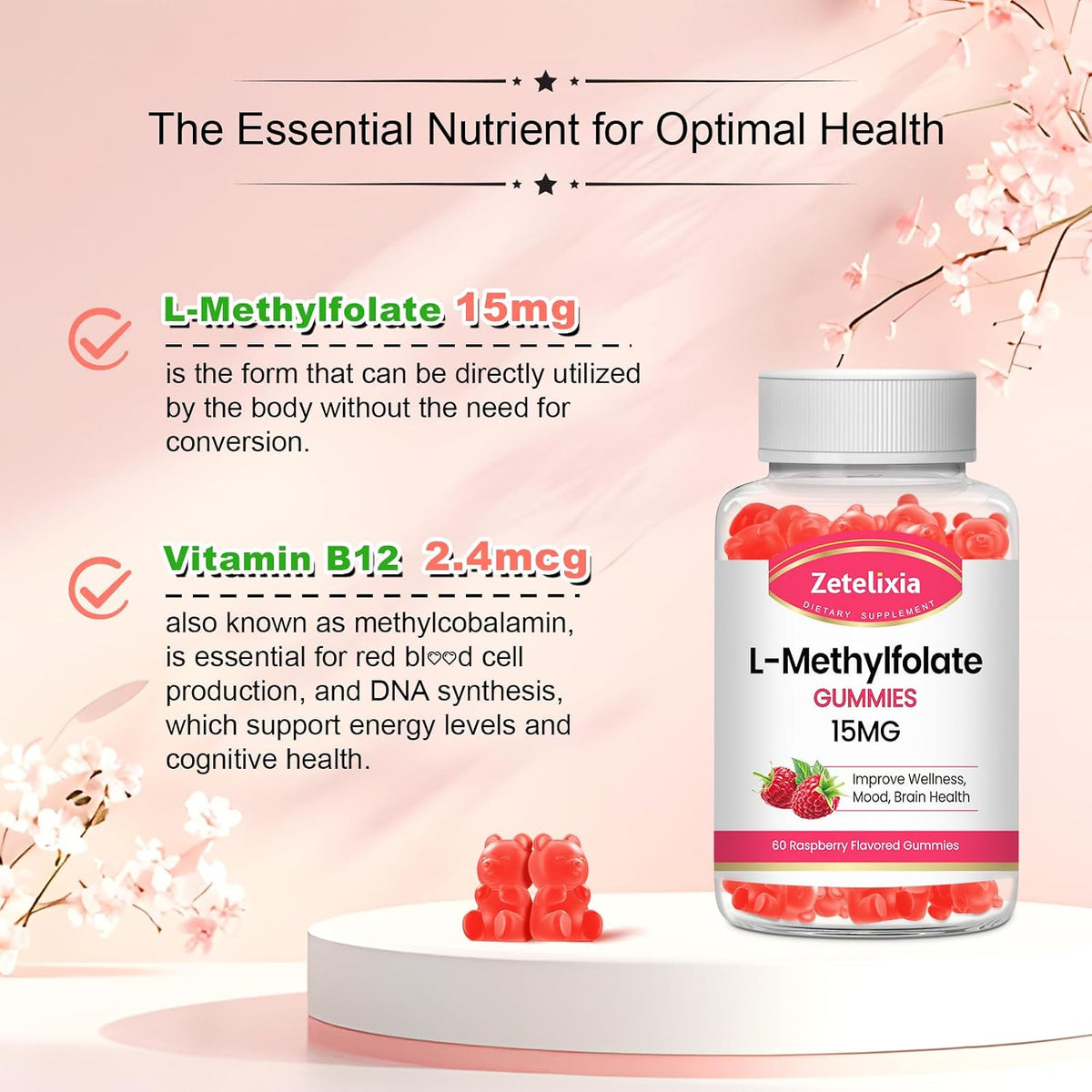 L-Methylfolate 15mg & Methyl B12 Gummies - Sugar-free, Vegan, Raspberry Flavour (60 Count) – Image 3