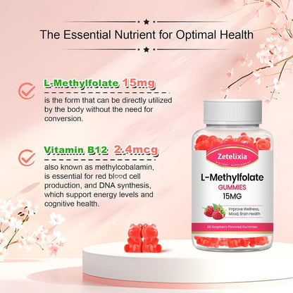 L-Methylfolate 15mg & Methyl B12 Gummies - Sugar-free, Vegan, Raspberry Flavour (60 Count) – Image 3
