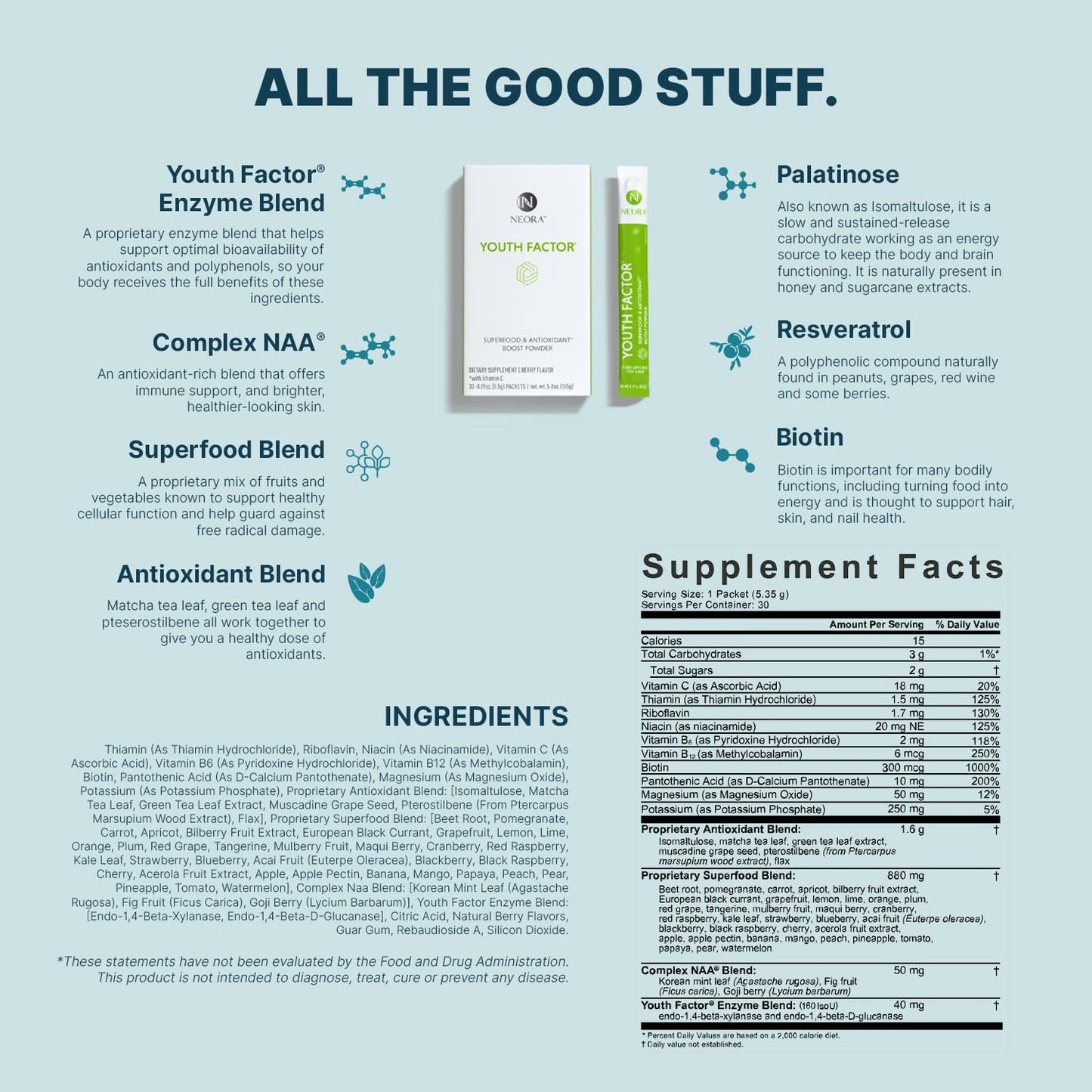 NEORA Youth Factor - Superfood Boost Powder - pH Balance, Hair Skin & Nails Support, Fruits & Veggies Equivalent, Nutrient Absorption - 30 Packets - görsel 2