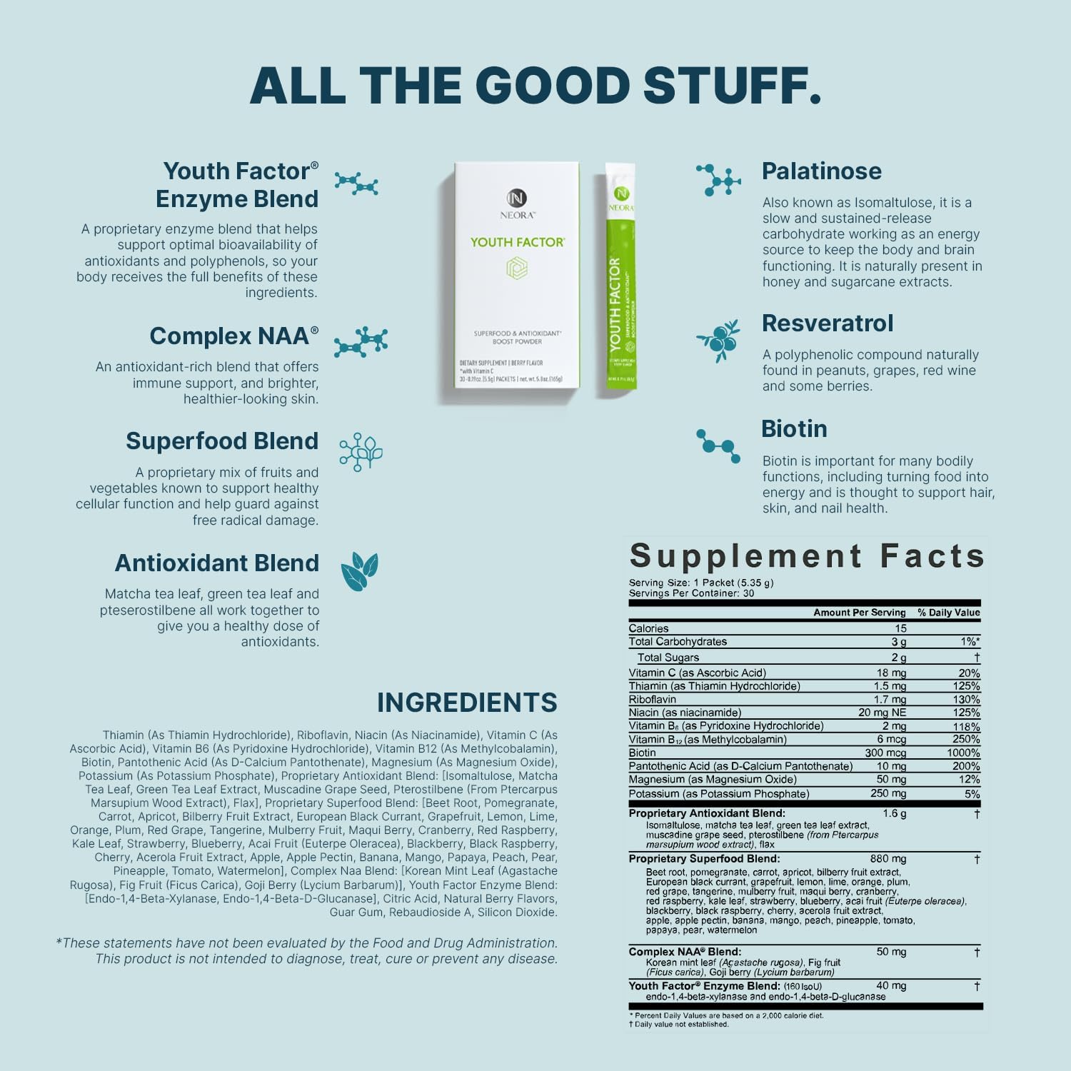 NEORA Youth Factor - Superfood Boost Powder - pH Balance, Hair Skin & Nails Support, Fruits & Veggies Equivalent, Nutrient Absorption - 30 Packets - görsel 2