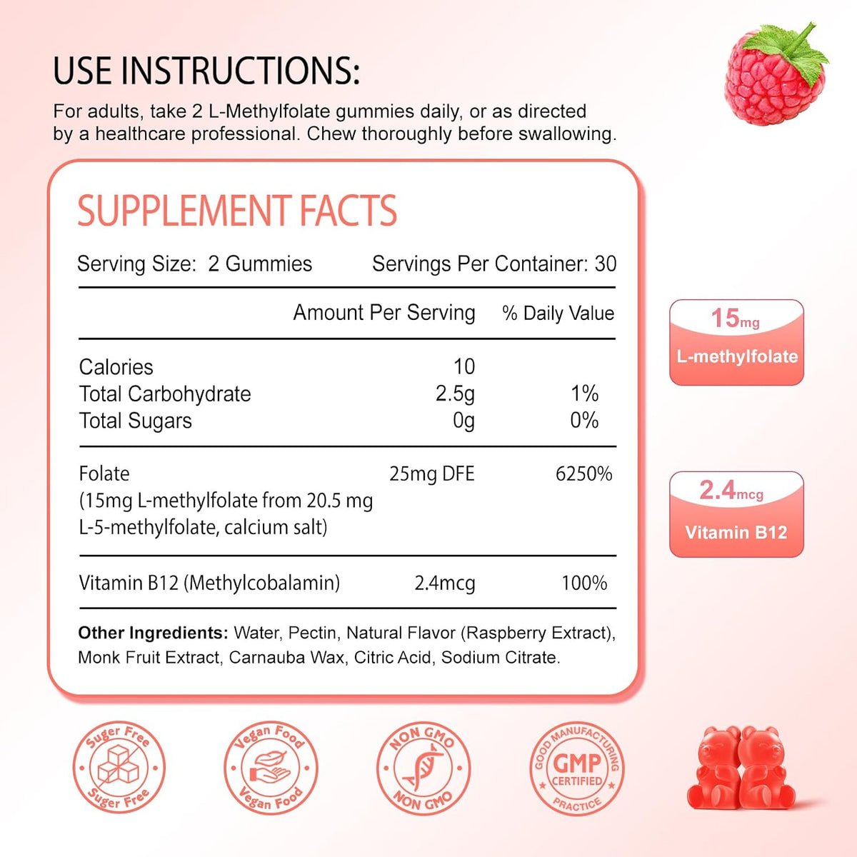 L-Methylfolate 15mg & Methyl B12 Gummies - Sugar-free, Vegan, Raspberry Flavour (60 Count) – Image 2