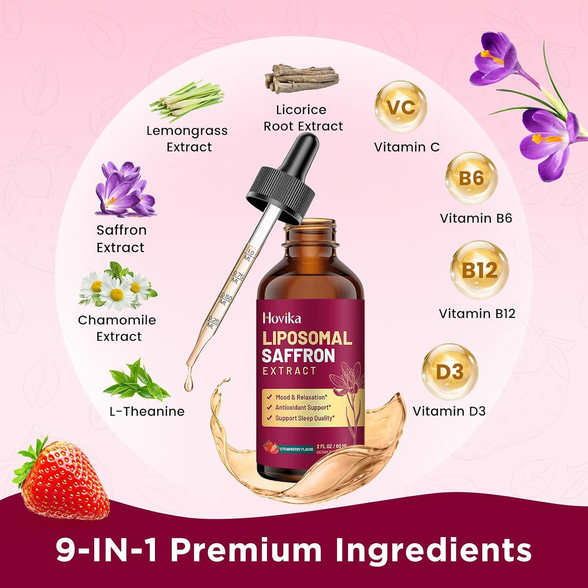 Liposomal Saffron Supplements - 88.5mg Saffron Extract with L-Theanine, Chamomile, Vitamin C, B6, B12 & D3 - Strawberry – Image 7