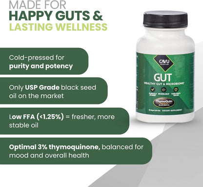 Gut Health Supplements for Healthy Digestion & Gut Repair | Advanced Formula with Bioavailable Black Seed Oil with 3% Thymoquinone | Gut Health Supplements for Women's & Men | 60 Soft-gels