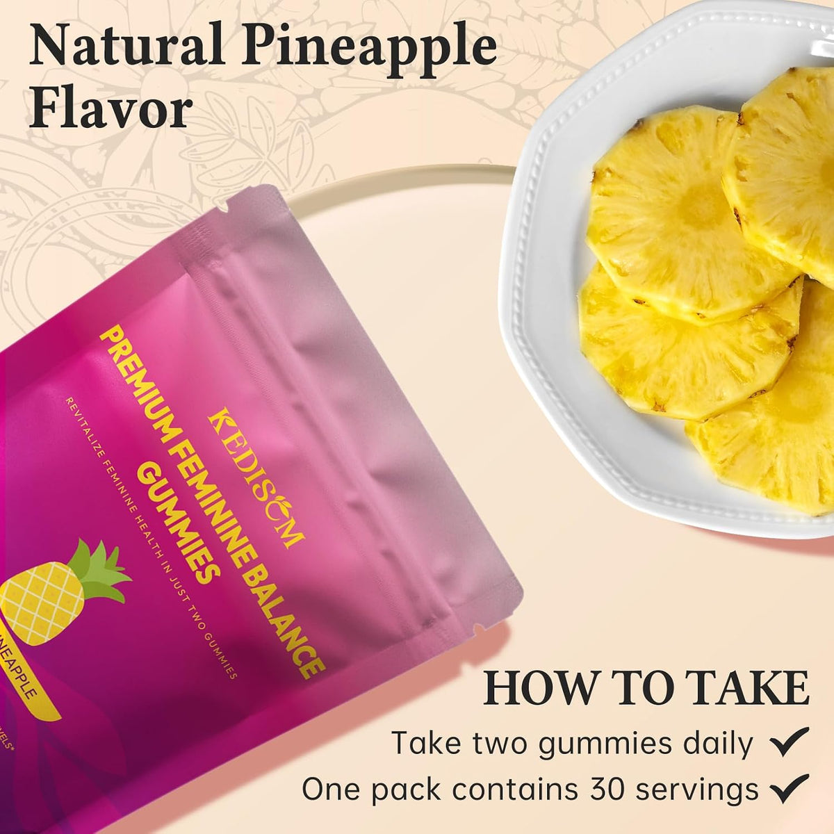 KEDISOM Premium Feminine Balance Gummies – Women's's Health & Wellbeing – Hawaiian Pineapple (60 Gummies) – Image 8