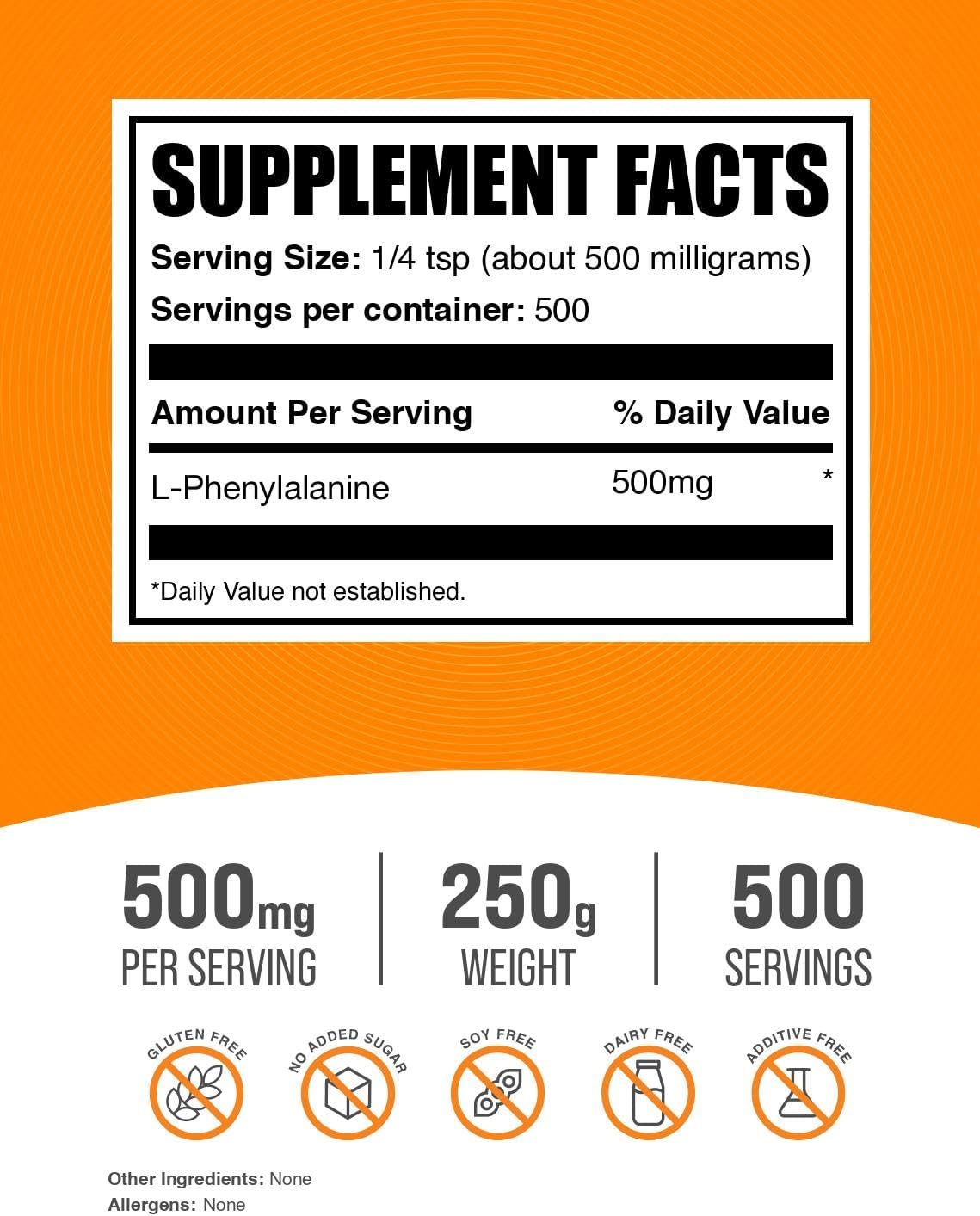 L-Phenylalanine Powder - Phenylalanine Supplement, L-Phenylalanine 500mg, Gluten free, 250g – Image 2