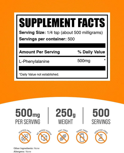 L-Phenylalanine Powder - Phenylalanine Supplement, L-Phenylalanine 500mg, Gluten free, 250g – Image 2