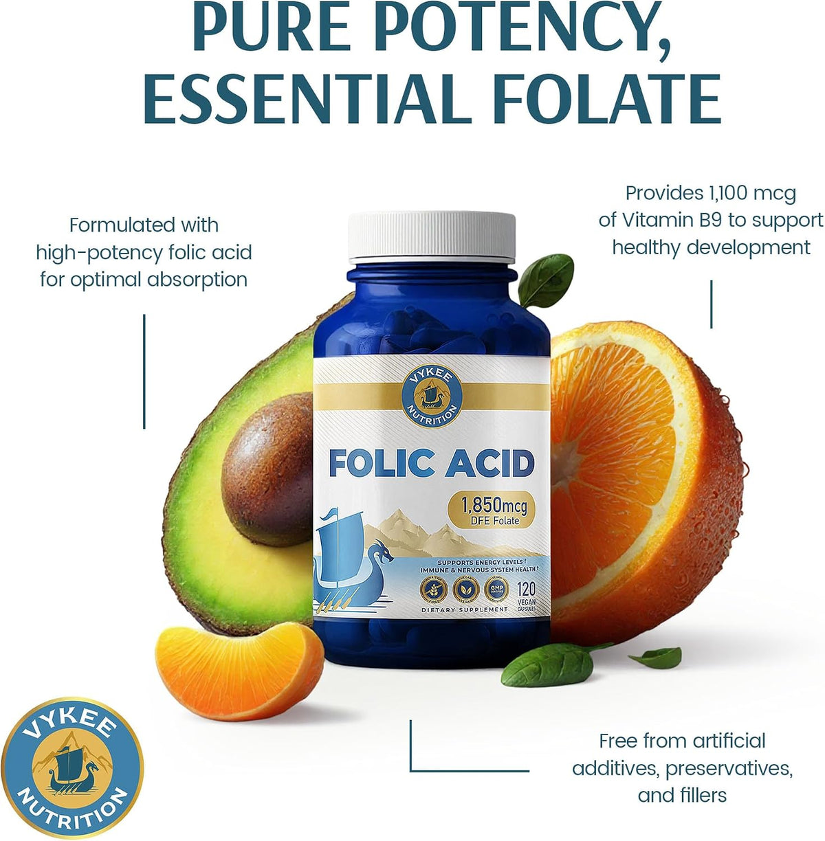 Vykee Nutrition Folic Acid Capsules - Supports Body Processes, Prenatal Health and Energy - Vitamin B9 Supplement for – Image 7