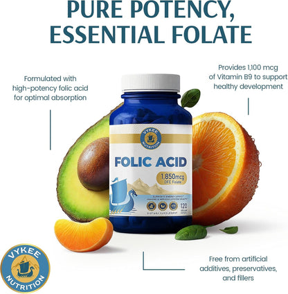 Vykee Nutrition Folic Acid Capsules - Supports Body Processes, Prenatal Health and Energy - Vitamin B9 Supplement for – Image 7