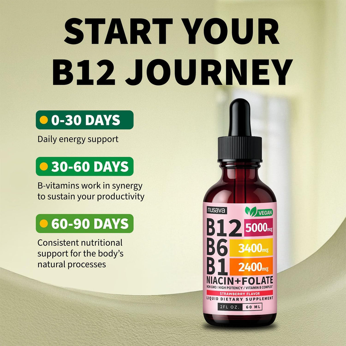 NUSAVA Vitamin B12 Liquid Drops 5000mcg - B-Complex with B6 and B1 - Sublingual Methylcobalamin, Vegan, Non-GM, Strawberry – Image 4